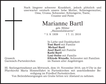 Traueranzeige von Marianne Bartl von MERKUR & TZ