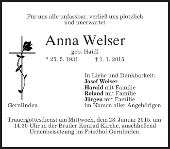 Traueranzeige von Anna Welser von merkurtz