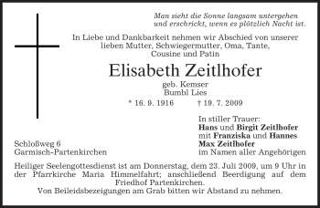 Traueranzeige von Elisabeth Zeitlhofer von MERKUR & TZ