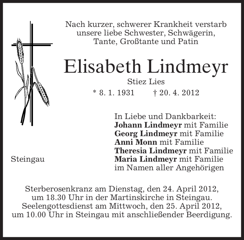  Traueranzeige für Elisabeth Lindmeyr vom 23.04.2012 aus MERKUR & TZ