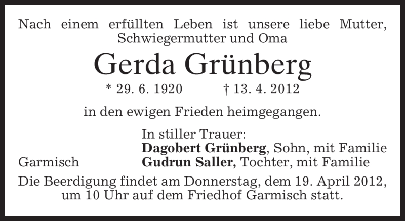  Traueranzeige für Gerda Grünberg vom 17.04.2012 aus MERKUR & TZ