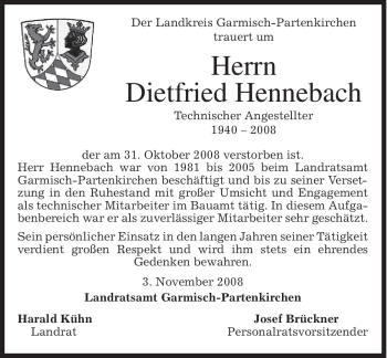 Traueranzeige von Dietfried Hennebach von MERKUR & TZ