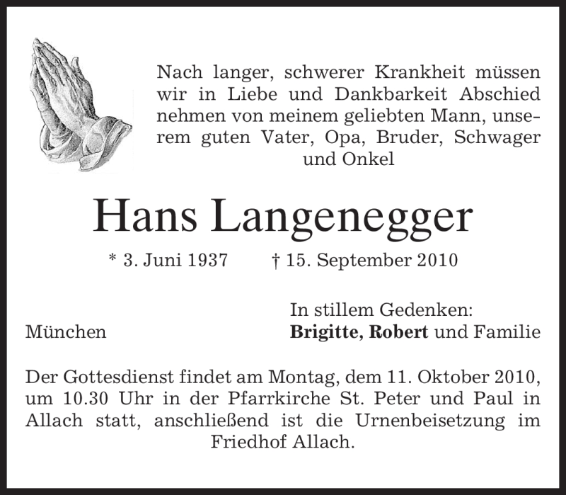  Traueranzeige für Hans Langenegger vom 08.10.2010 aus MERKUR & TZ