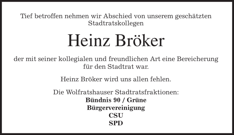  Traueranzeige für Heinz Bröker vom 22.02.2011 aus MERKUR & TZ
