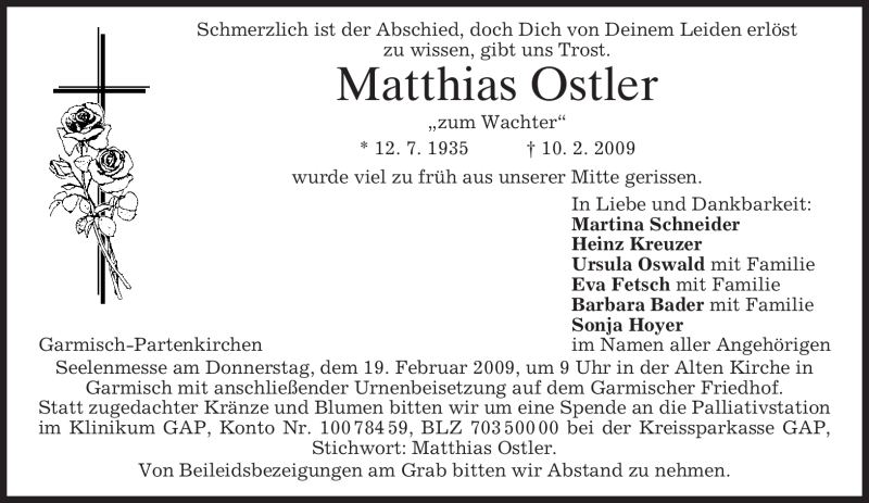  Traueranzeige für Matthias Ostler vom 17.02.2009 aus MERKUR & TZ