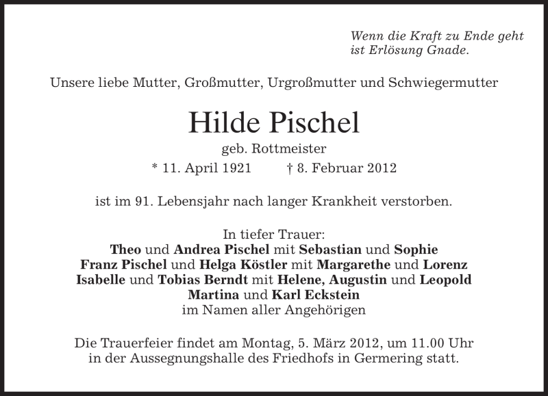  Traueranzeige für Hilde Pischel vom 22.02.2012 aus MERKUR & TZ