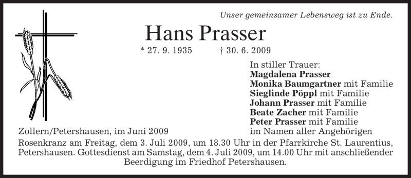  Traueranzeige für Hans Prasser vom 02.07.2009 aus MERKUR & TZ