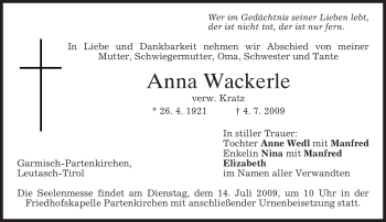 Traueranzeige von Anna Wackerle von MERKUR & TZ