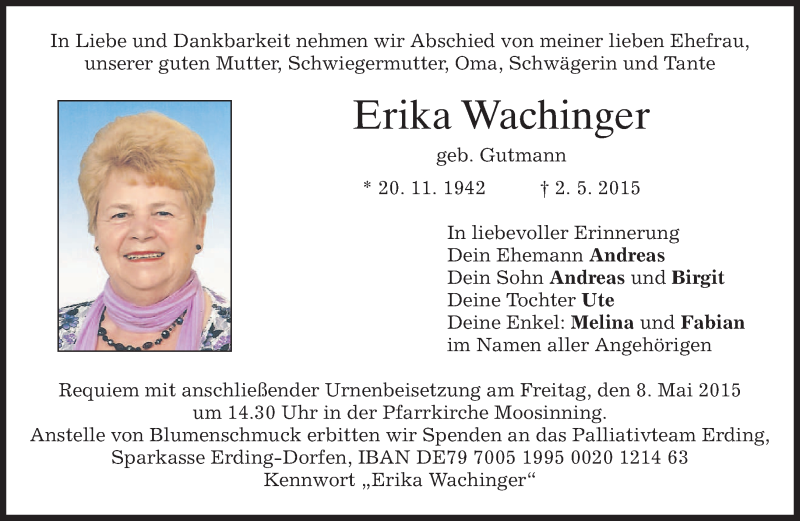  Traueranzeige für Erika Wachinger vom 06.05.2015 aus merkurtz