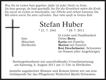 Traueranzeige von Stefan Huber von MERKUR & TZ