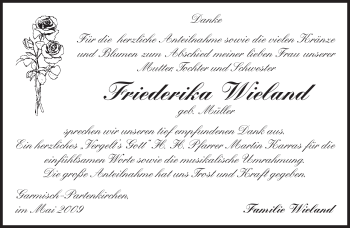 Traueranzeige von Friederika Wieland von MERKUR & TZ