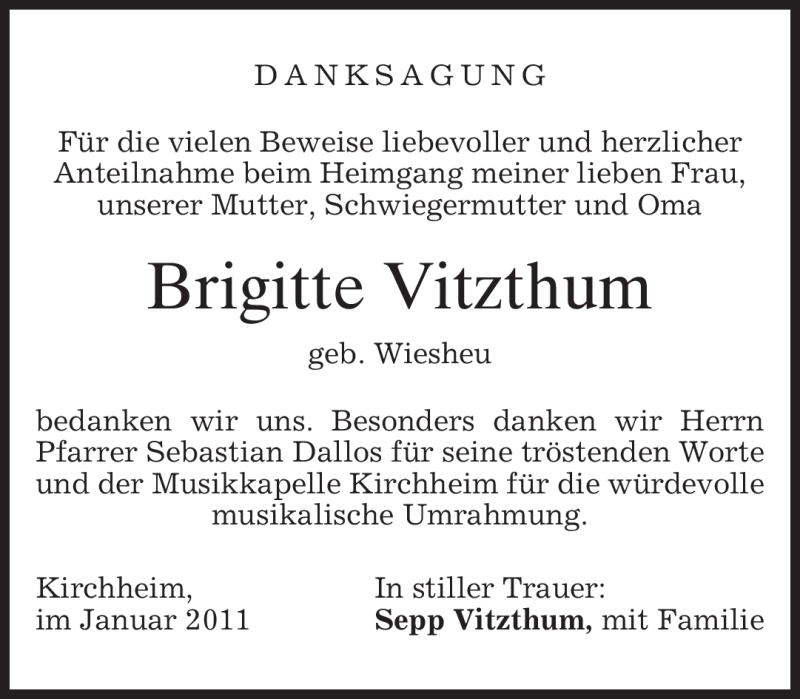  Traueranzeige für Brigitte Vitzthum vom 13.01.2011 aus MERKUR & TZ