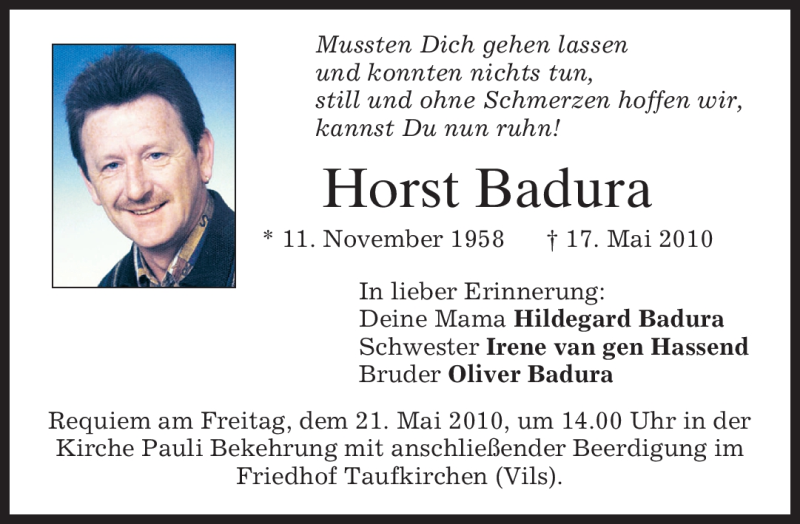  Traueranzeige für Horst Badura vom 19.05.2010 aus MERKUR & TZ