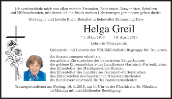 Traueranzeige von Helga Greil von merkurtz