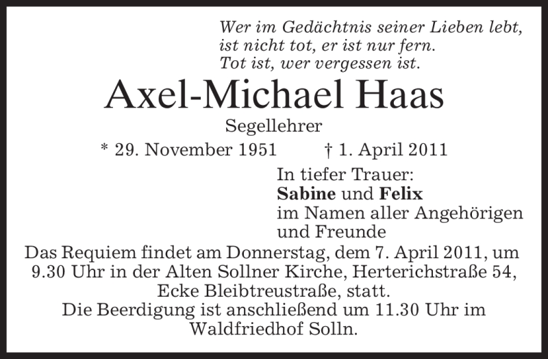  Traueranzeige für Axel-Michael Haas vom 06.04.2011 aus MERKUR & TZ