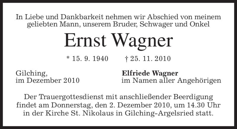  Traueranzeige für Ernst Wagner vom 01.12.2010 aus MERKUR & TZ