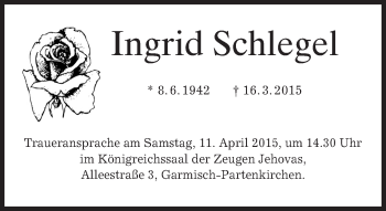 Traueranzeige von Ingrid Schlegel von merkurtz