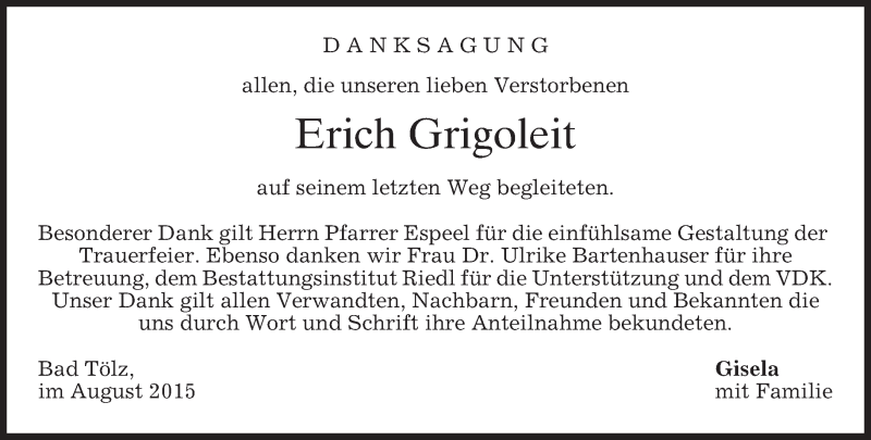  Traueranzeige für Erich Grigoleit vom 29.08.2015 aus merkurtz