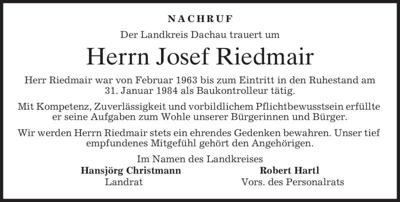  Traueranzeige für Josef Riedmair vom 21.05.2010 aus MERKUR & TZ