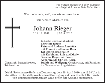 Traueranzeige von Johann Rieger von MERKUR & TZ