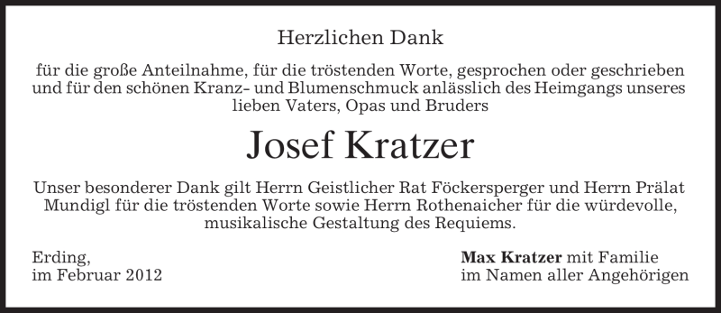  Traueranzeige für Josef Kratzer vom 25.02.2012 aus MERKUR & TZ