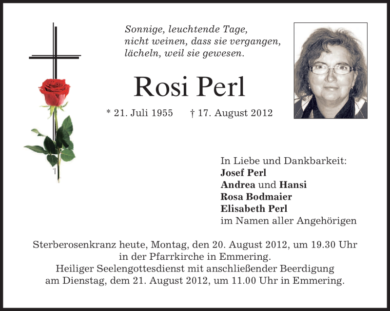  Traueranzeige für Rosi Perl vom 20.08.2012 aus MERKUR & TZ