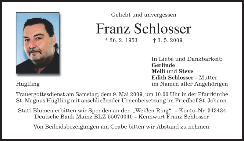  Traueranzeige für Franz Schlosser vom 07.05.2009 aus MERKUR & TZ