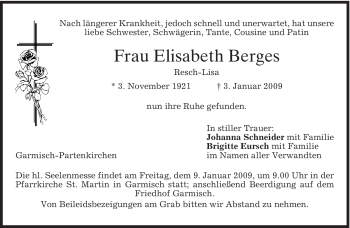 Traueranzeige von Elisabeth Berges von MERKUR & TZ