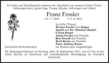 Traueranzeige von Franz Fessler von MERKUR & TZ