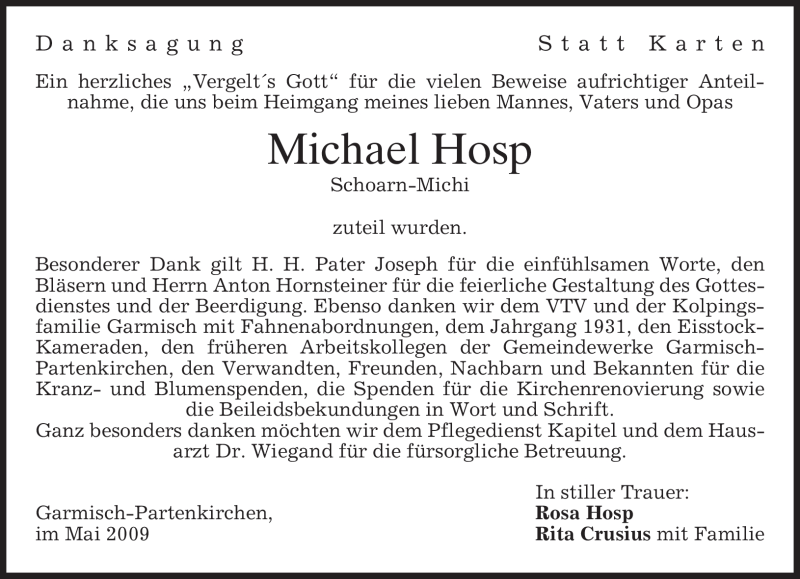  Traueranzeige für Michael Hosp vom 30.05.2009 aus MERKUR & TZ