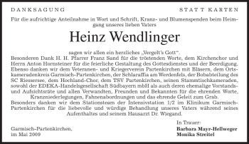Traueranzeige von Heinz Wendlinger von MERKUR & TZ