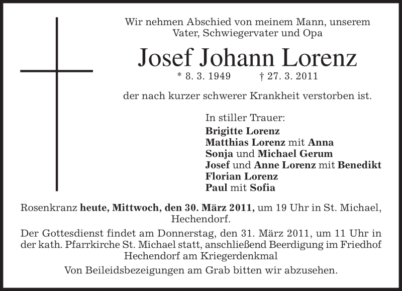  Traueranzeige für Josef Johann Lorenz vom 30.03.2011 aus MERKUR & TZ