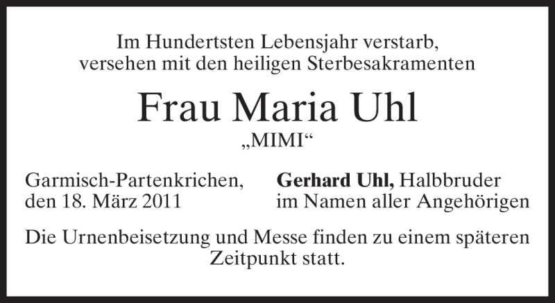  Traueranzeige für Maria Uhl vom 21.03.2011 aus MERKUR & TZ