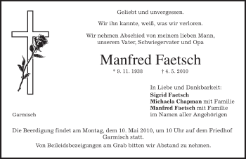 Traueranzeige von Manfred Faetsch von MERKUR & TZ