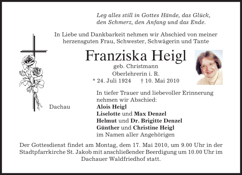 Traueranzeigen von Franziska Heigl | trauer.merkur.de