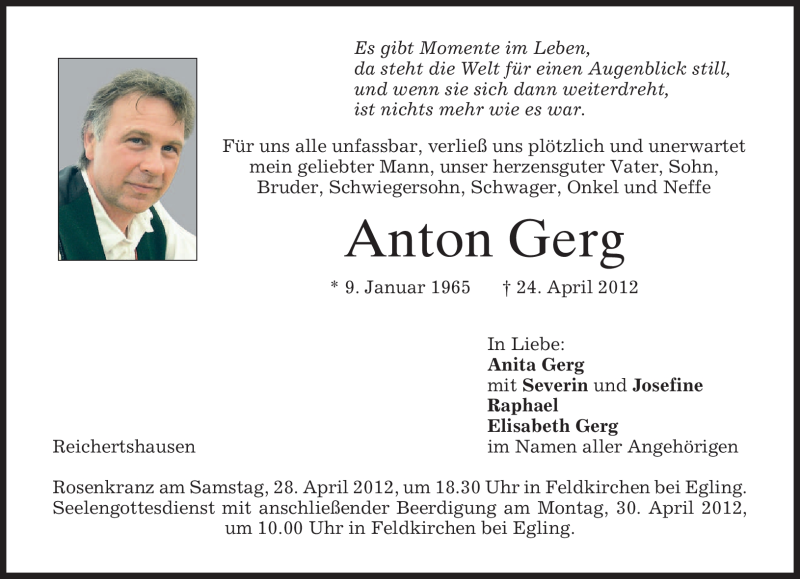  Traueranzeige für Anton Gerg vom 27.04.2012 aus MERKUR & TZ