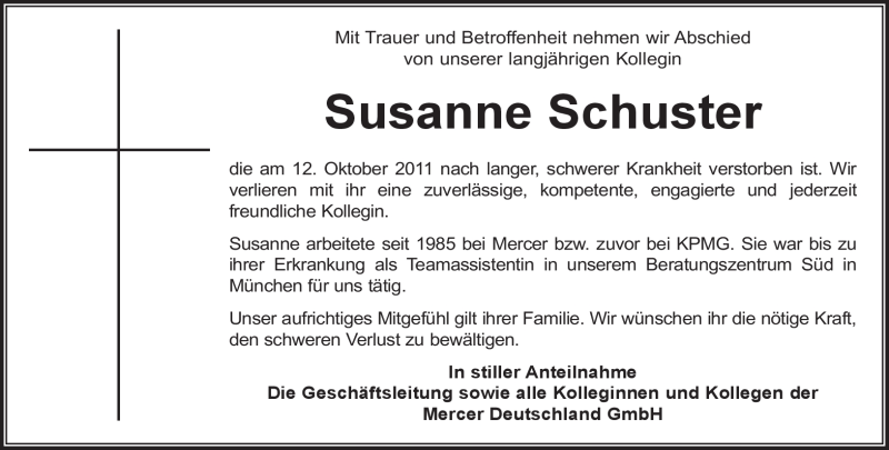  Traueranzeige für Susanne Schuster vom 24.10.2011 aus MERKUR & TZ