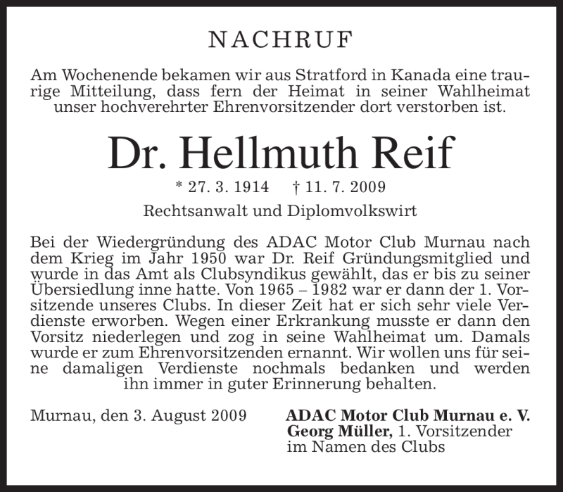  Traueranzeige für Hellmuth Reif vom 04.08.2009 aus MERKUR & TZ