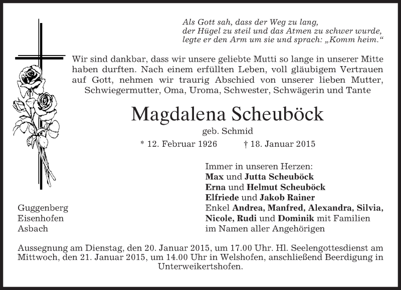  Traueranzeige für Magdalena Scheuböck vom 20.01.2015 aus merkurtz