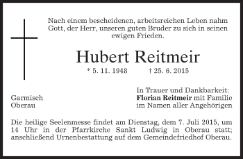 Traueranzeige von Hubert Reitmeir von merkurtz