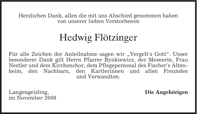  Traueranzeige für Hedwig Flötzinger vom 06.12.2008 aus MERKUR & TZ