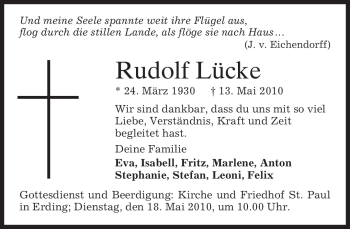 Traueranzeige von Rudolf Lücke von MERKUR & TZ