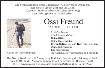 Traueranzeige von Ossi Freund von MERKUR & TZ