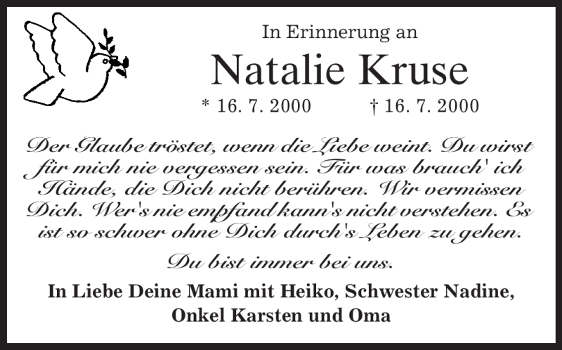  Traueranzeige für Natalie Kruse vom 16.07.2010 aus MERKUR & TZ