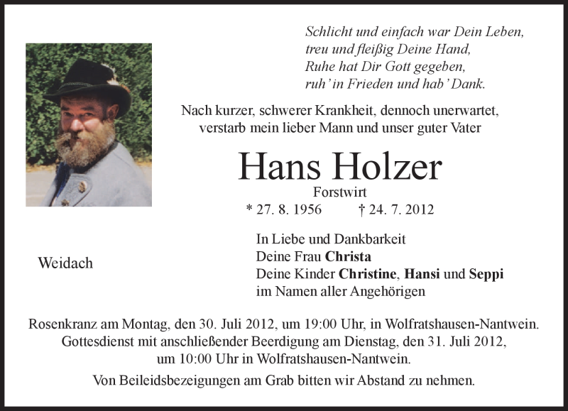  Traueranzeige für Hans Holzer vom 28.07.2012 aus MERKUR & TZ