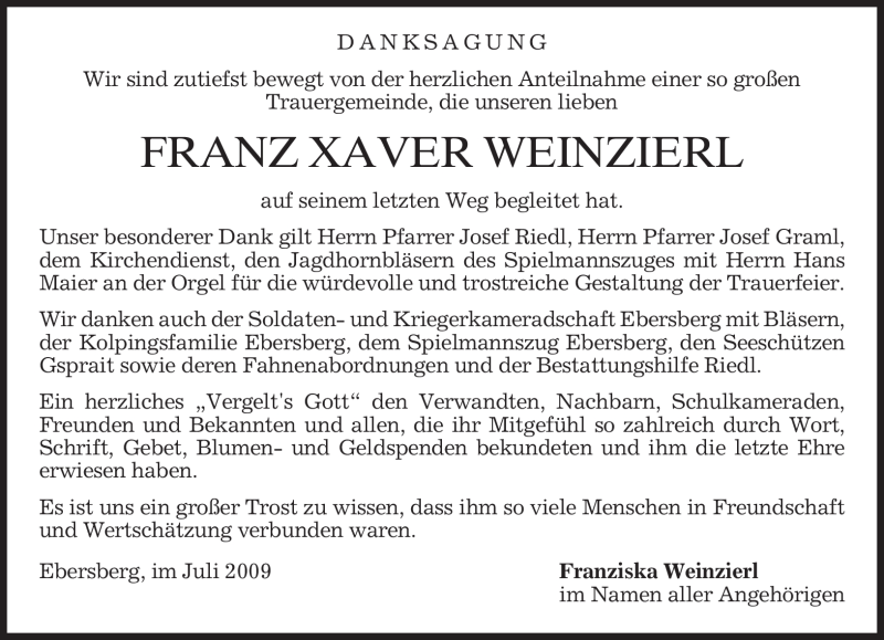  Traueranzeige für Franz Xaver Weinzierl vom 11.07.2009 aus MERKUR & TZ