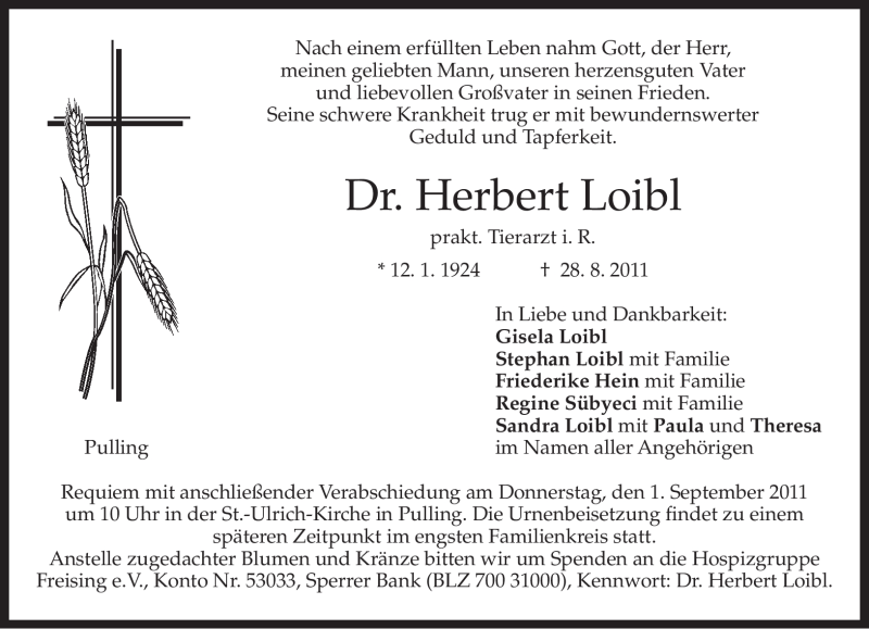  Traueranzeige für Herbert Loibl vom 30.08.2011 aus MERKUR & TZ