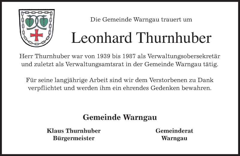  Traueranzeige für Leonhard Thurnhuber vom 31.07.2015 aus merkurtz