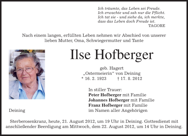 Traueranzeigen von Ilse Hofberger | trauer.merkur.de