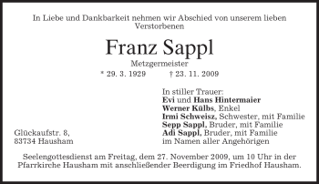 Traueranzeige von Franz Sappl von MERKUR & TZ